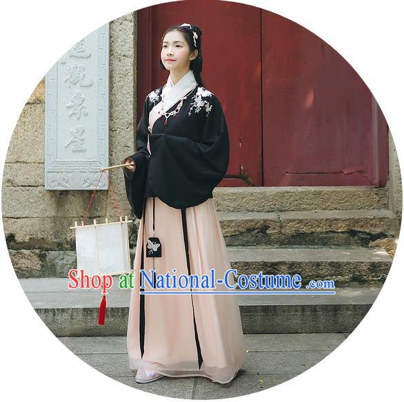 Traditional Chinese Ancient Hanfu Princess Costume Black Blouse and Skirts, Asian China Ming Dynasty Young Lady Embroidered Clothing for Women