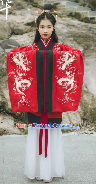 Traditional Chinese Ancient Hanfu Princess Costume Red Curve Bottom, Asian China Han Dynasty Palace Lady Embroidered Wedding Clothing for Women