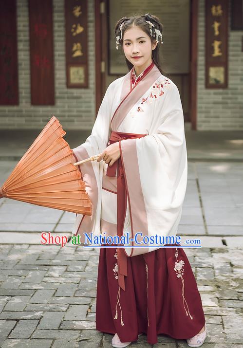 Traditional Chinese Ancient Hanfu Princess Costume White Curve Bottom, Asian China Han Dynasty Palace Lady Embroidered Ginkgo Dress for Women