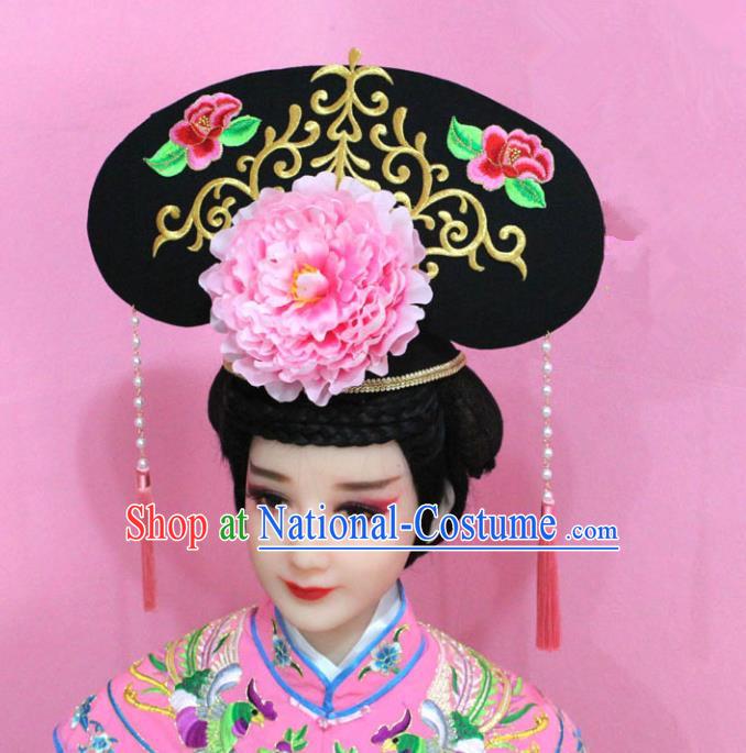 Traditional Handmade Chinese Hair Accessories Qing Dynasty Palace Lady Pink Peony Headwear, Manchu Imperial Concubine Hairpins for Women