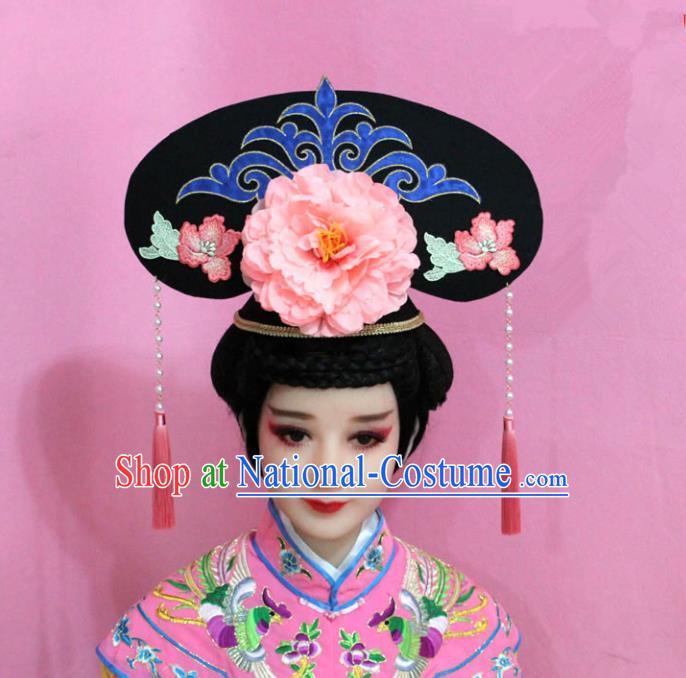 Traditional Handmade Chinese Hair Accessories Qing Dynasty Palace Lady Light Pink Peony Headwear, Manchu Imperial Concubine Hairpins for Women