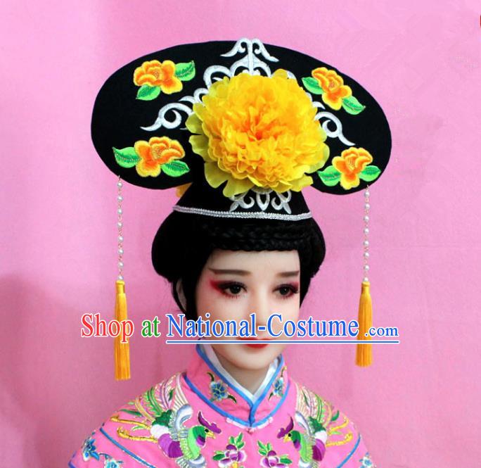 Traditional Handmade Chinese Hair Accessories Qing Dynasty Palace Lady Yellow Peony Headwear, Manchu Imperial Concubine Hairpins for Women