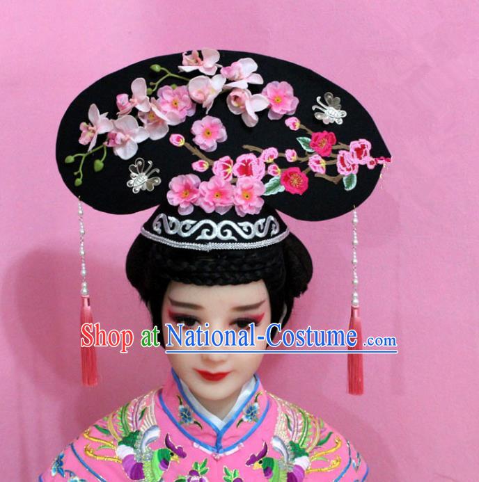 Traditional Handmade Chinese Hair Accessories Qing Dynasty Palace Lady Pink Plum Blossom Headwear, Manchu Imperial Concubine Hairpins for Women