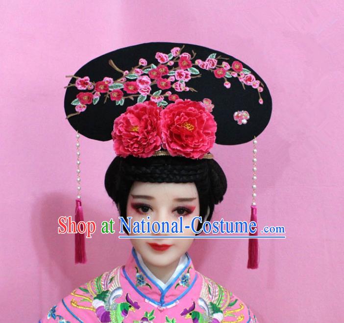 Traditional Handmade Chinese Hair Accessories Qing Dynasty Palace Lady Red Plum Blossom Headwear, Manchu Imperial Concubine Hairpins for Women