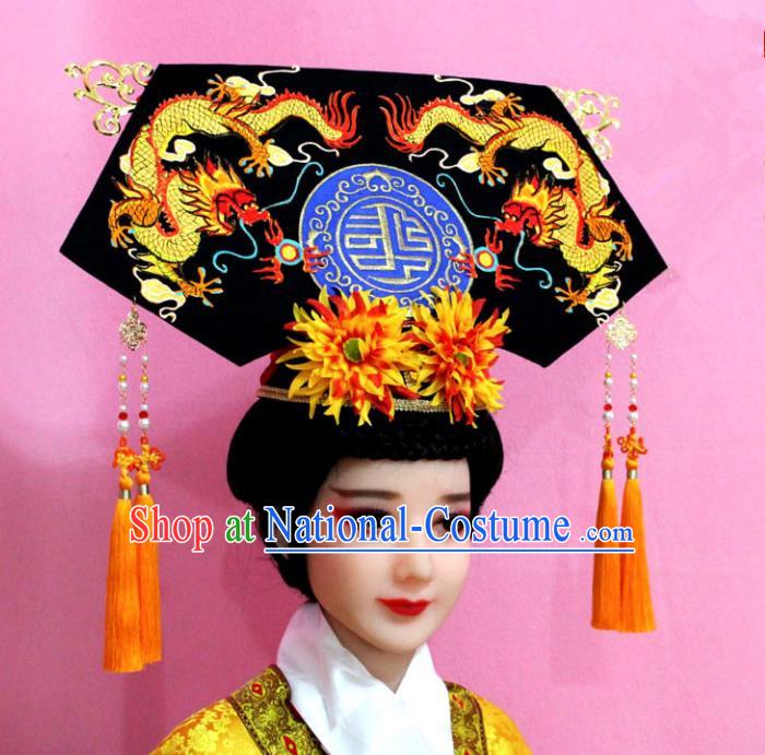 Traditional Handmade Chinese Hair Accessories Qing Dynasty Palace Lady Banners Dragons Headwear, Manchu Imperial Concubine Hairpins for Women