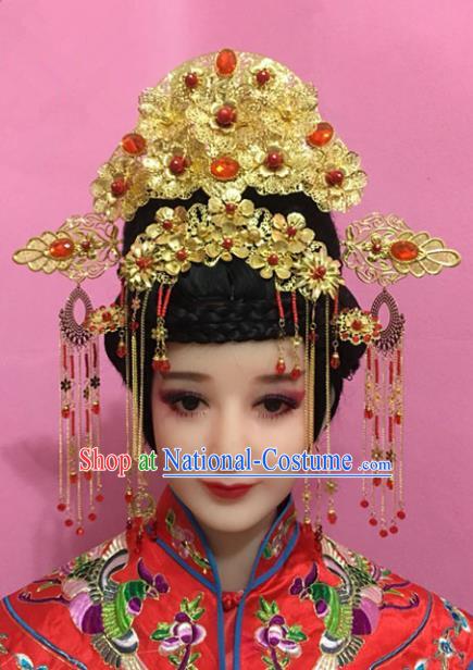 Traditional Handmade Chinese Hair Accessories Empress Golden Phoenix Coronet, China Xiuhe Suit Palace Lady Tassel Step Shake Hairpins for Women