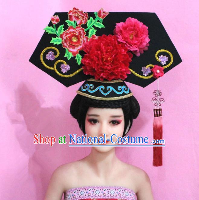 Traditional Handmade Chinese Hair Accessories Qing Dynasty Empress Banners Red Peony Headwear, Manchu Imperial Concubine Hairpins for Women