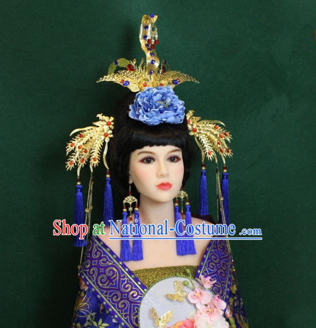 Traditional Handmade Chinese Hair Accessories Empress Blue Tassel Phoenix Coronet, Tang Dynasty Princess Hairpins Headwear for Women