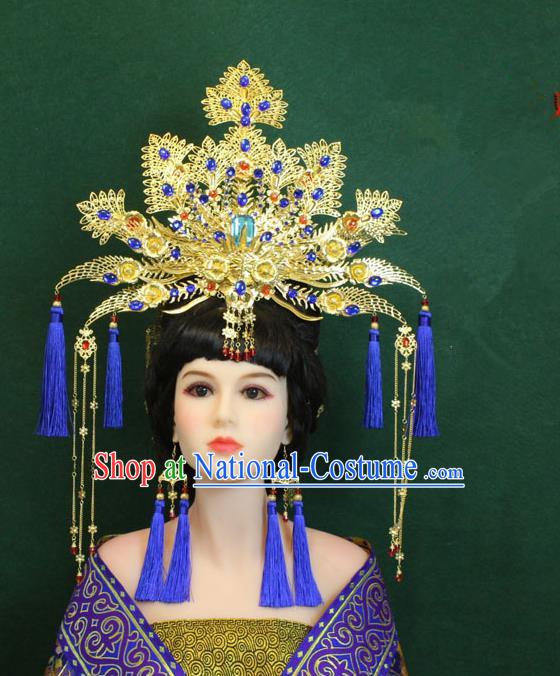 Traditional Handmade Chinese Hair Accessories Empress Blue Tassel Phoenix Coronet Complete Set, Tang Dynasty Princess Hairpins Headwear for Women