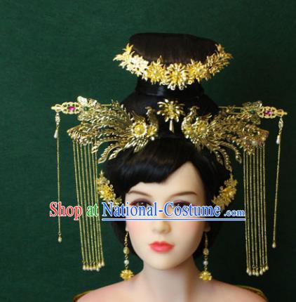 Traditional Handmade Chinese Hair Accessories Empress Wedding Tassel Phoenix Coronet Complete Set, Han Dynasty Princess Step Shake Hairpins for Women