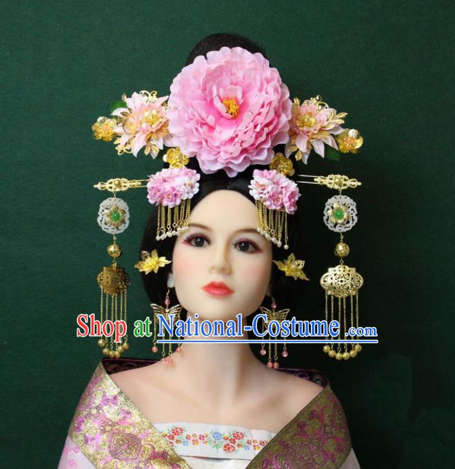 Traditional Handmade Chinese Hair Accessories Palace Lady Phoenix Coronet Peony Hairpins Complete Set, China Tang Dynasty Princess Headwear for Women