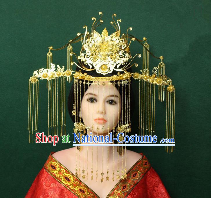 Traditional Handmade Chinese Hair Accessories Tang Dynasty Empress Tassel Phoenix Coronet Hairpins Complete Set, China Step Shake Headwear for Women