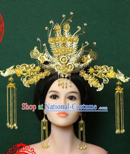 Traditional Handmade Chinese Hair Accessories Tang Dynasty Empress Tassel Hairpins Golden Phoenix Coronet, China Palace Lady Headwear for Women