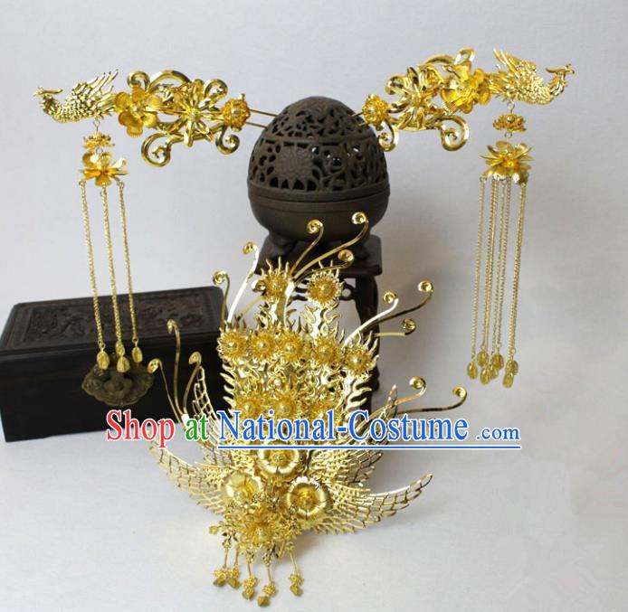 Traditional Handmade Chinese Ancient Classical Hair Accessories Bride Wedding Barrettes Empress Phoenix Coronet Hairpins