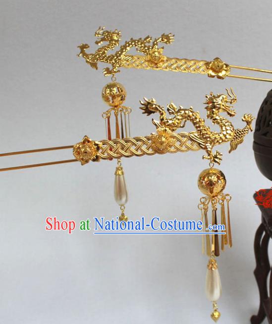 Traditional Handmade Chinese Hair Accessories Empress Dragon Hairpins Tang Dynasty Palace Lady Tassel Step Shake for Women