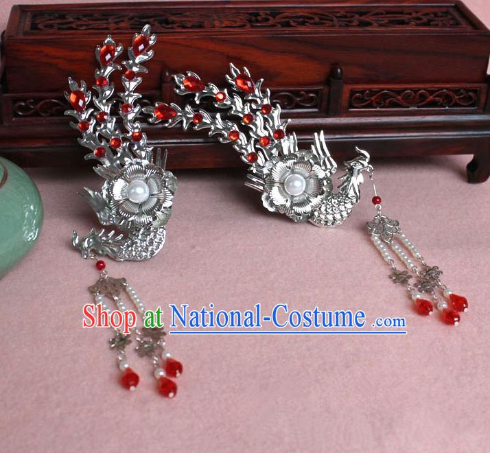 Traditional Handmade Chinese Hair Accessories Princess Red Phoenix Hairpins, Tang Dynasty Palace Lady Tassel Step Shake for Women