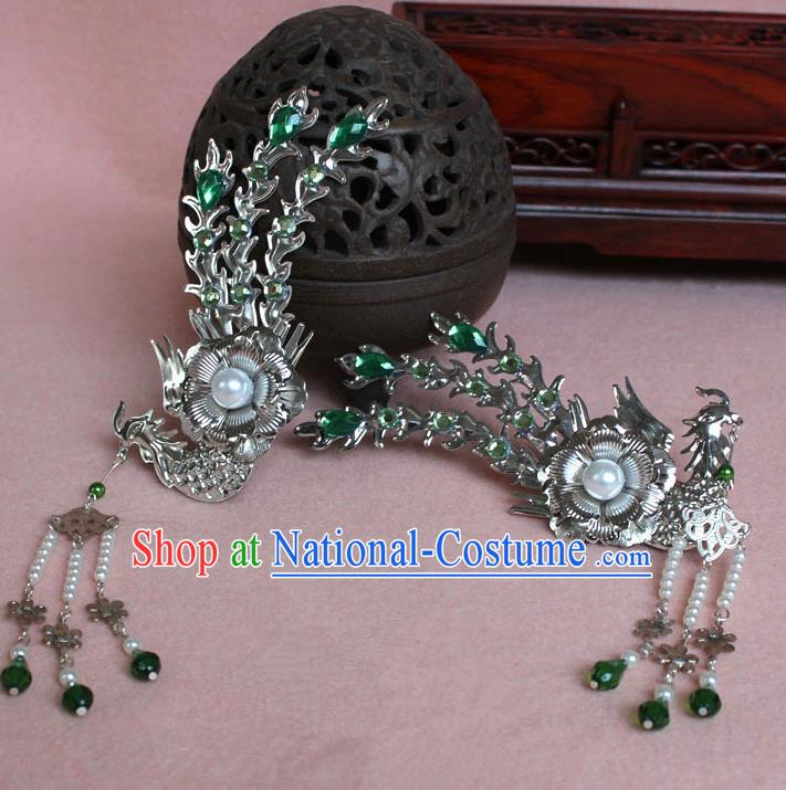 Traditional Handmade Chinese Hair Accessories Princess Green Phoenix Hairpins, Tang Dynasty Palace Lady Tassel Step Shake for Women