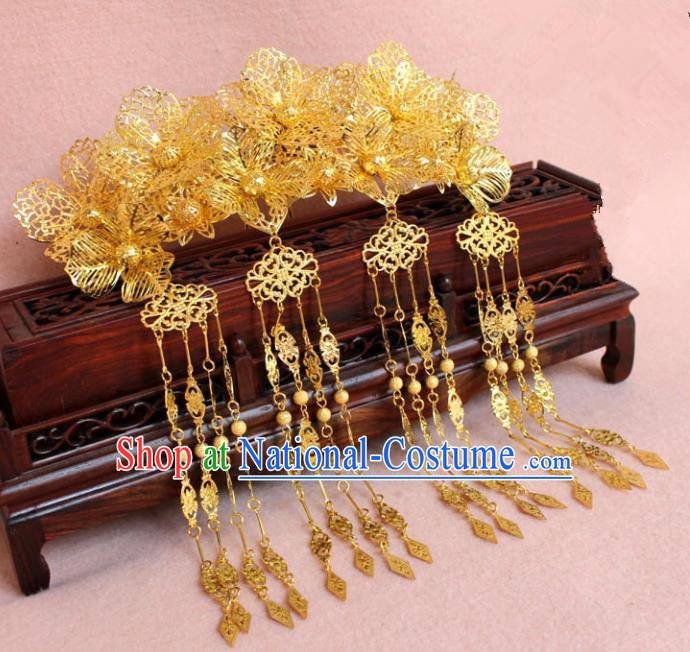 Traditional Handmade Chinese Hair Accessories Princess Golden Phoenix Coronet, Tang Dynasty Palace Lady Tassel Step Shake Hairpins for Women