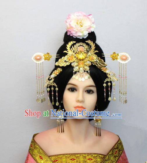 Traditional Handmade Chinese Hair Accessories Tang Dynasty Empress Phoenix Coronet, China Palace Lady Hairpins Tassel Step Shake for Women