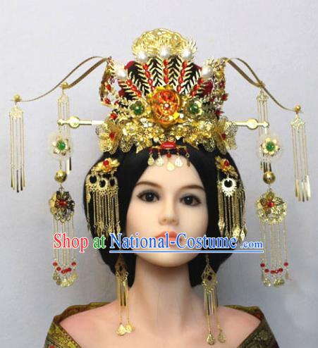 Traditional Handmade Chinese Hair Accessories Tang Dynasty Empress Phoenix Coronet Complete Set, China Palace Lady Hairpins Tassel Step Shake for Women