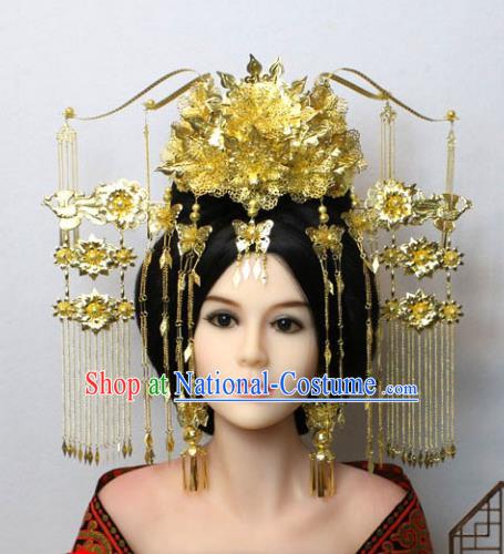 Traditional Handmade Chinese Hair Accessories Tang Dynasty Empress Golden Phoenix Coronet Complete Set, China Palace Lady Hairpins Tassel Step Shake for Women