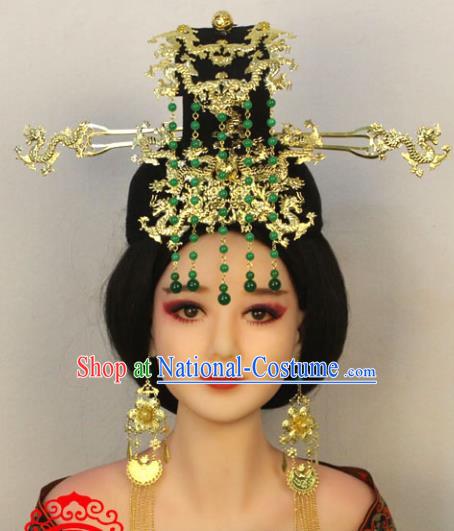 Traditional Handmade Chinese Hair Accessories Tang Dynasty Empress Phoenix Coronet, China Palace Lady Hairpins Green Beads Tassel Headwear for Women