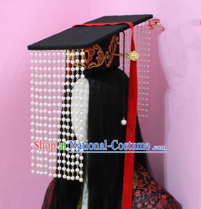 Traditional Handmade Chinese Hair Accessories Emperor Headwear, China Qin Dynasty Majesty Tassel Hats for Men