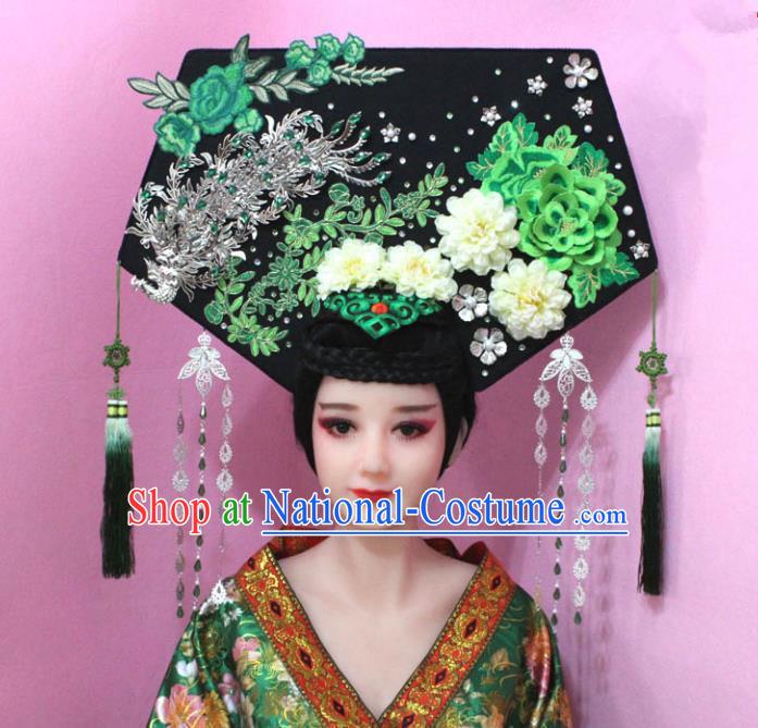 Traditional Handmade Chinese Hair Accessories Qing Dynasty Empress Banners Tassel Phoenix Green Headwear, Manchu Imperial Concubine Hairpins for Women