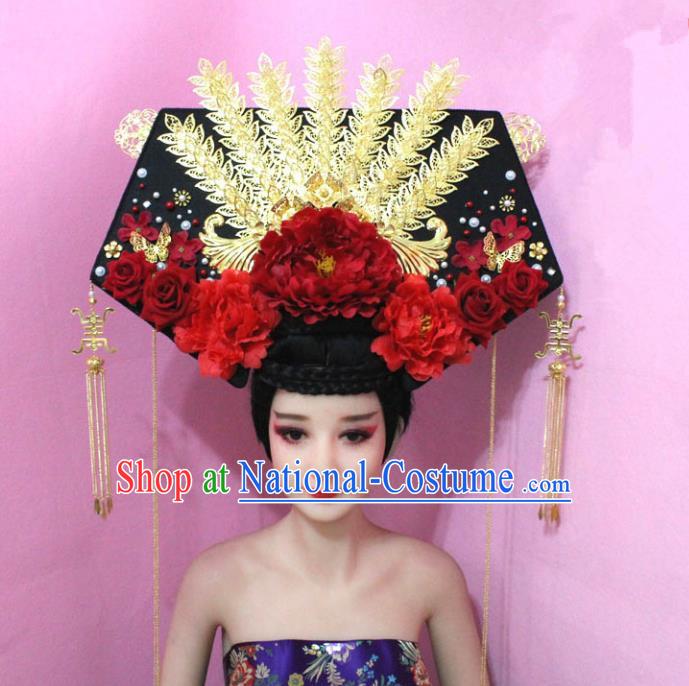 Traditional Handmade Chinese Hair Accessories Qing Dynasty Empress Great Wing Banners Red Peony Headwear, Manchu Imperial Concubine Hairpins for Women