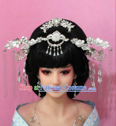 Traditional Handmade Chinese Hair Accessories Palace Lady Empress Hair Stick, Xiuhe Suit Tassel Step Shake Hairpins Complete Set for Women