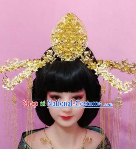 Traditional Handmade Chinese Hair Accessories Empress Golden Phoenix Coronet, China Tang Dynasty Hairpins Tassel Step Shake Complete Set for Women