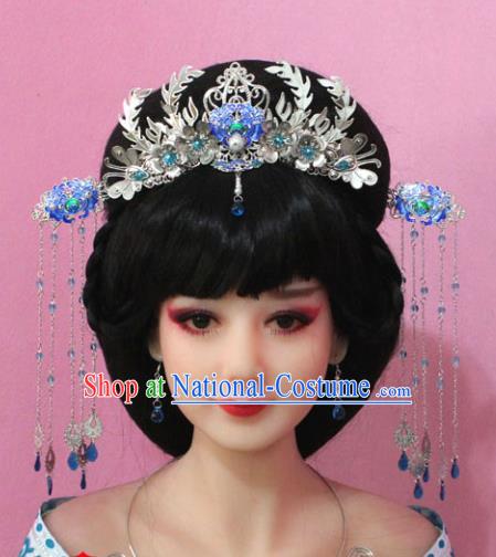 Traditional Handmade Chinese Hair Accessories Empress Cloisonne Phoenix Coronet, China Tang Dynasty Hairpins Step Shake Complete Set for Women