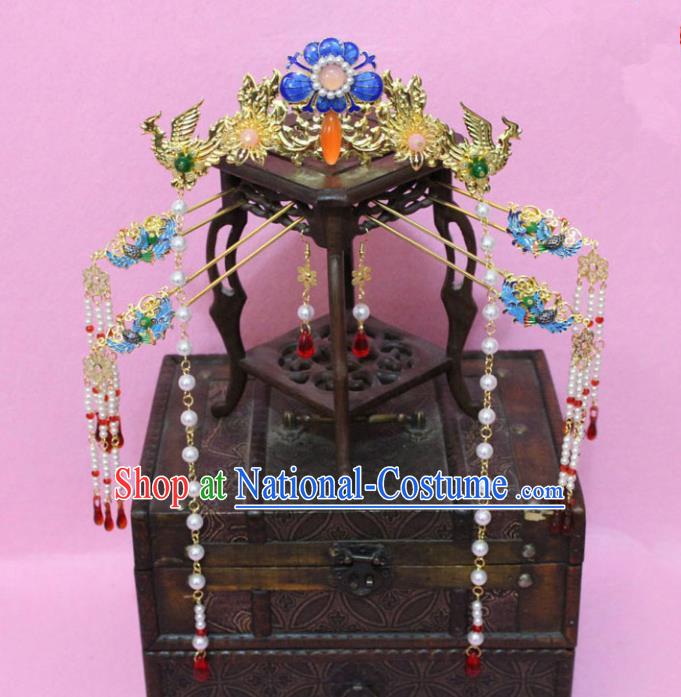 Traditional Handmade Chinese Ancient Classical Hair Accessories Bride Wedding Barrettes Empress Phoenix Coronet Hairpins