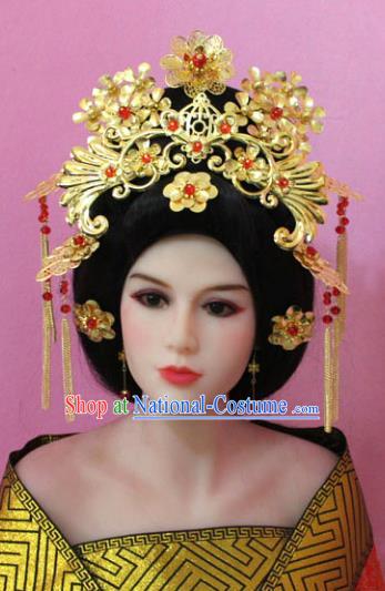 Traditional Handmade Chinese Hair Accessories Empress Golden Phoenix Coronet, China Tang Dynasty Queen Hairpins Complete Set for Women