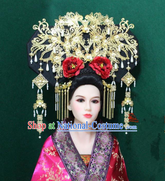 Traditional Handmade Chinese Hair Accessories Manchu Empress Phoenix Coronet, China Qing Dynasty Peony Tassel Hairpins for Women