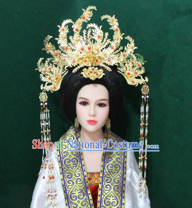 Traditional Handmade Chinese Hair Accessories Empress Golden Phoenix Coronet, China Tang Dynasty Queen Tassel Hairpins for Women