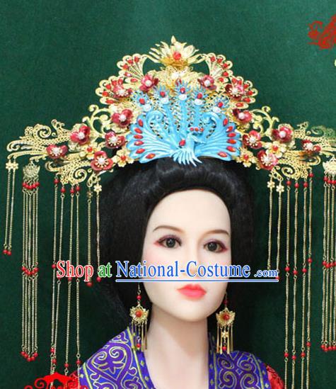 Traditional Handmade Chinese Hair Accessories Tang Dynasty Empress Phoenix Coronet, China Ancient Tassel Hairpins Complete Set for Women