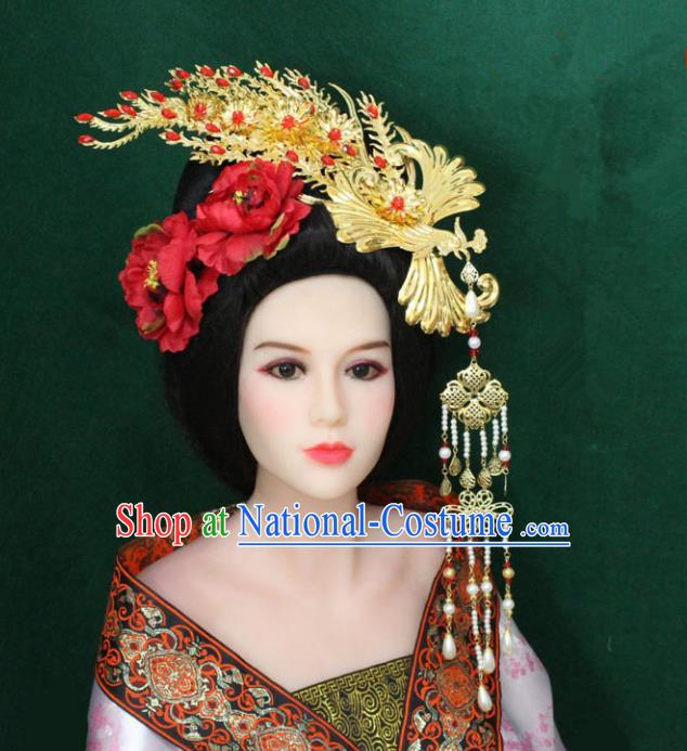 Traditional Handmade Chinese Hair Accessories Tang Dynasty Empress Phoenix Coronet, China Ancient Tassel Peony Hairpins Complete Set for Women