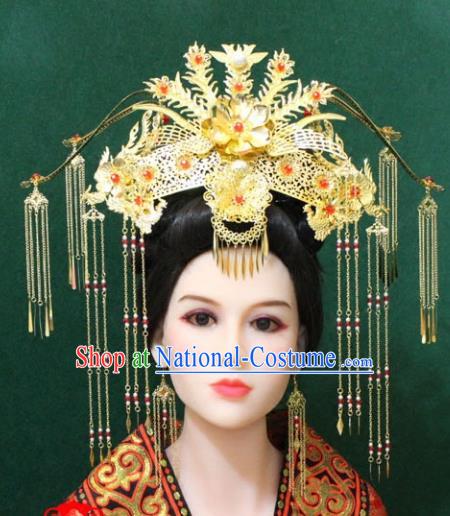 Traditional Handmade Chinese Hair Accessories Tang Dynasty Wedding Phoenix Coronet, Royal Princess Tassel Hairpins Complete Set for Women