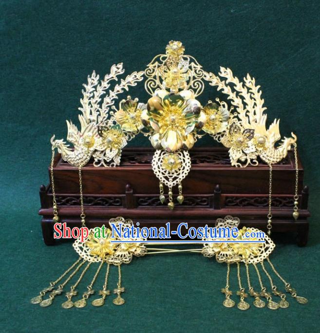 Traditional Handmade Chinese Ancient Classical Hair Accessories Bride Wedding Barrettes Empress Phoenix Coronet Hairpins