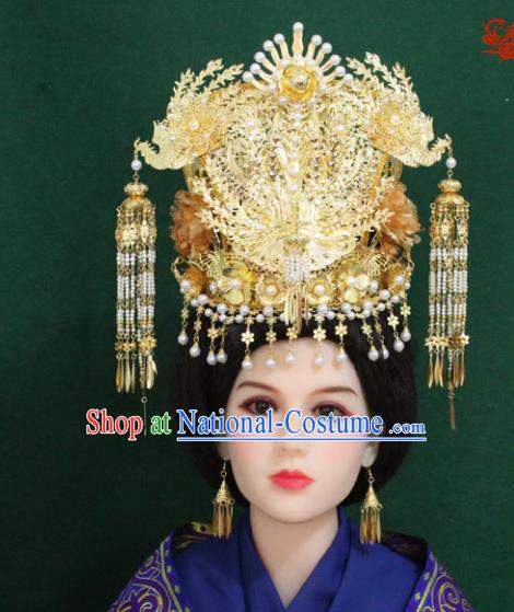 Traditional Handmade Chinese Hair Accessories Hanfu Empress Wedding Phoenix Coronet, Han Dynasty Princess Tassel Hairpins Headwear for Women