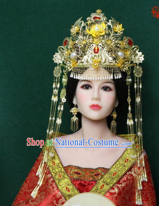 Traditional Handmade Chinese Hair Accessories Empress Wedding Phoenix Coronet, Han Dynasty Princess Tassel Hairpins Headwear for Women