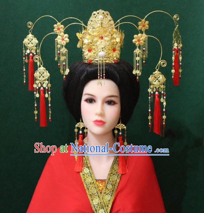 Traditional Handmade Chinese Hair Accessories Hanfu Empress Phoenix Coronet, Tang Dynasty Tassel Hairpins Headwear for Women