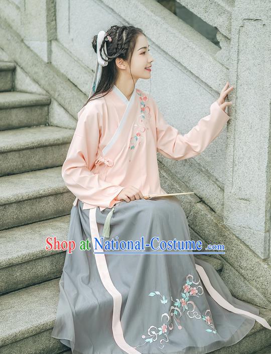 Traditional Chinese Ancient Hanfu Palace Lady Costume, Asian China Ming Dynasty Princess Embroidery Peach Blossom Blouse and Skirts Complete Set