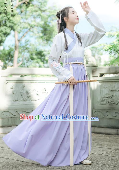 Traditional Chinese Ancient Hanfu Swordswoman Costume, Asian China Han Dynasty Young Lady Embroidery Clothing Complete Set