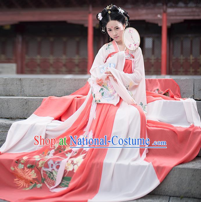 Asian China Ancient Tang Dynasty Hanfu Costume, Traditional Chinese Princess Embroidered Blouse and Skirts Clothing for Women