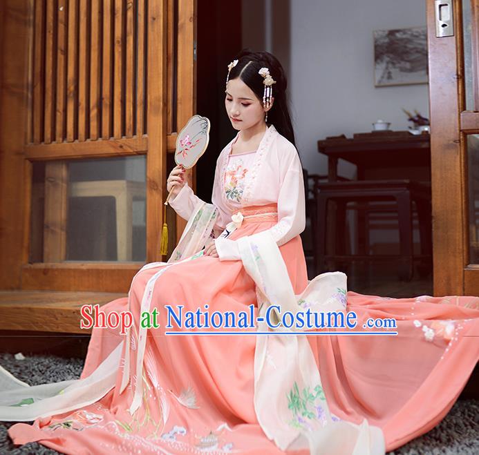 Asian China Ancient Tang Dynasty Hanfu Costume, Traditional Chinese Princess Embroidered Pink Blouse and Skirts for Women