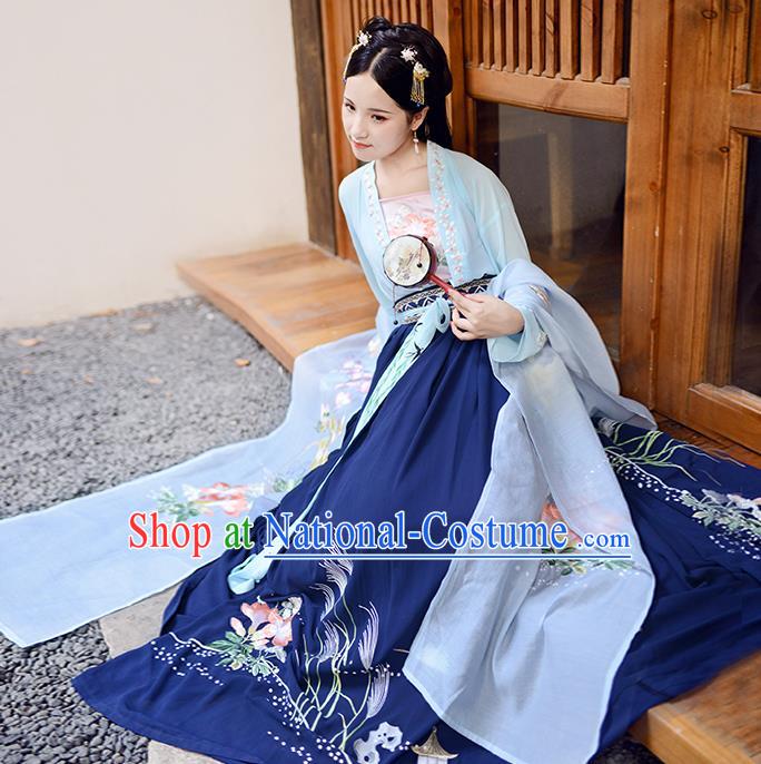 Asian China Ancient Tang Dynasty Hanfu Costume, Traditional Chinese Princess Embroidered Blue Blouse and Skirts for Women