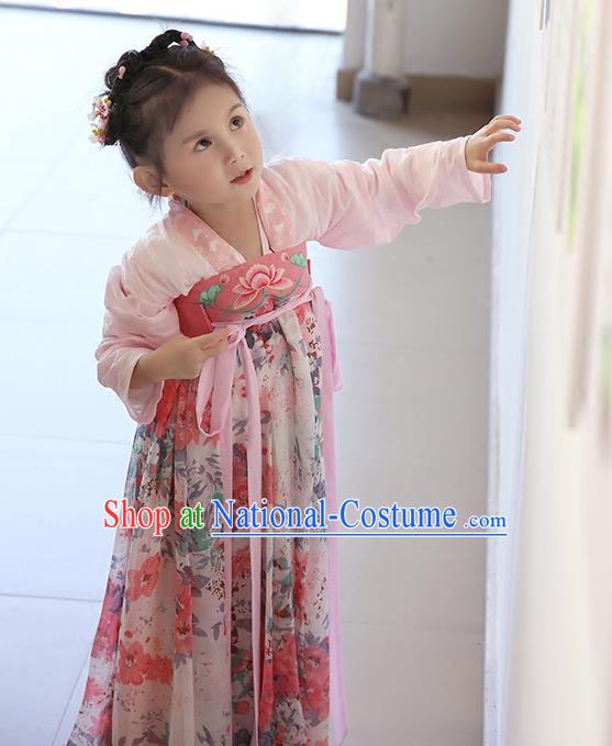 Asian China Ancient Tang Dynasty Children Costume Complete Set, Traditional Chinese Princess Dress Clothing for Kids