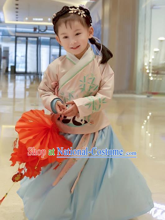 Asian China Ancient Ming Dynasty Children Costume Complete Set, Traditional Chinese Princess Embroidered Bamboo Pink Blouse and Skirts for Kids